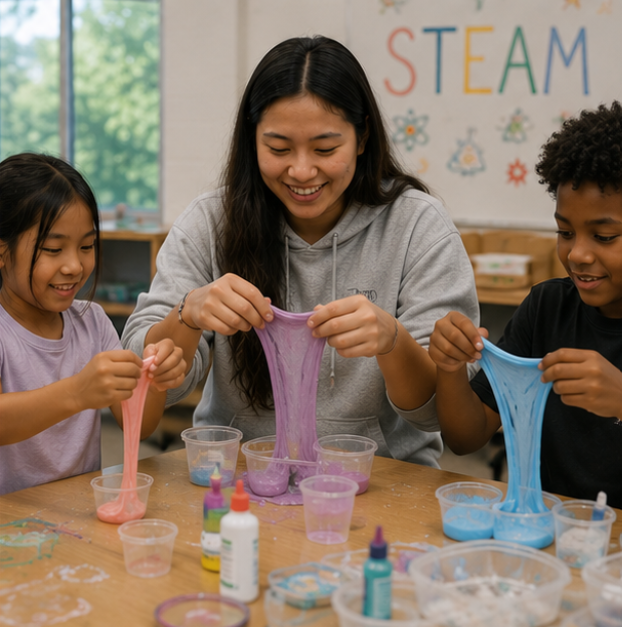 A volunteer making slime with youth